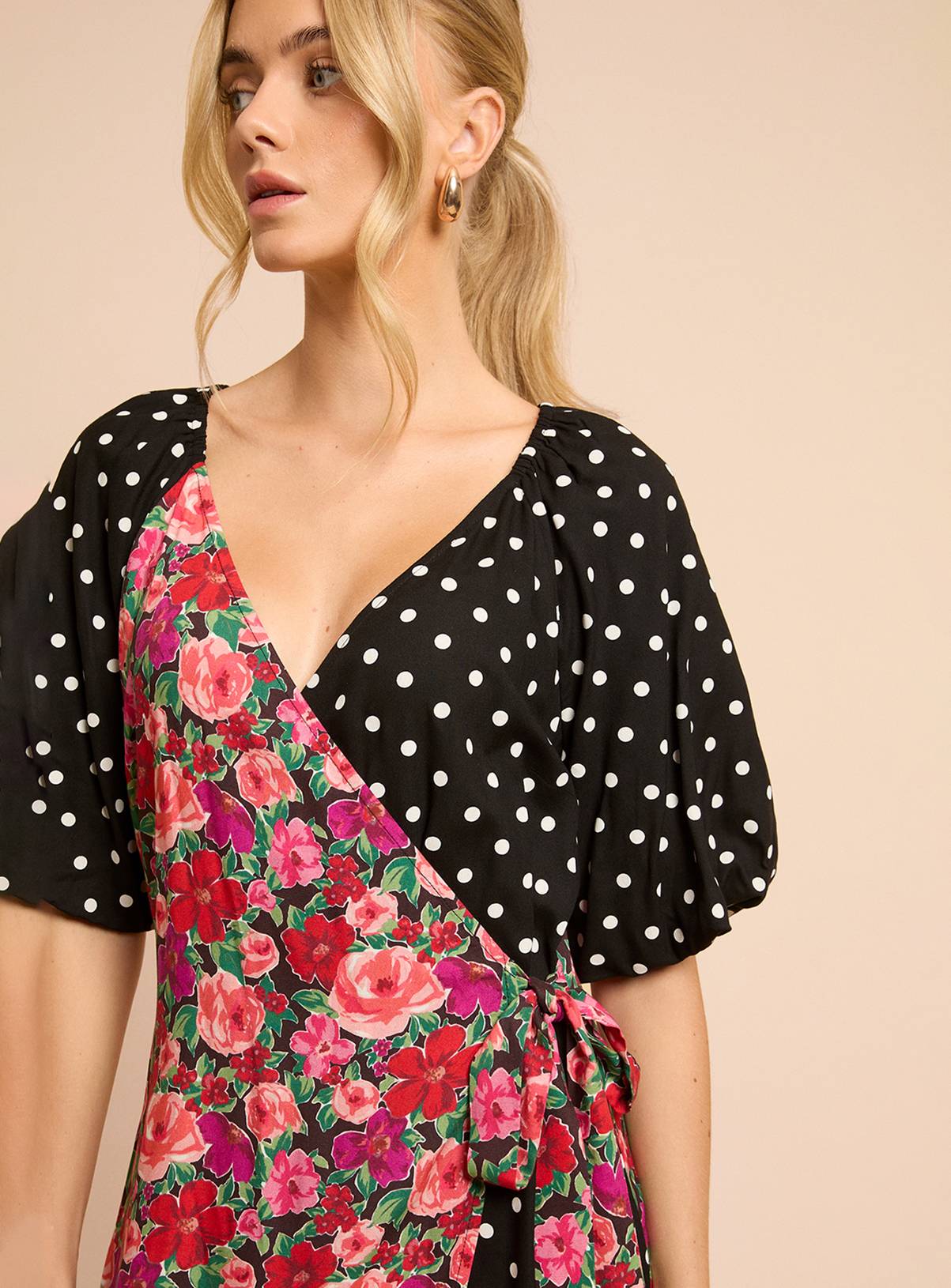 DOROTHY PERKINS Floral Spot Mix Puff Sleeve Print Mix Wrap Midi Dress 14 - Image 2